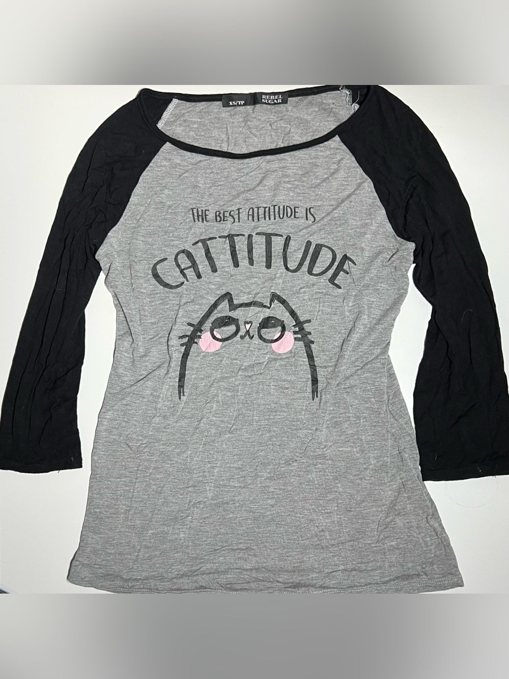 Rebel Sugar Gray & Black "Cattitude" Raglan Cat Graphic Tee